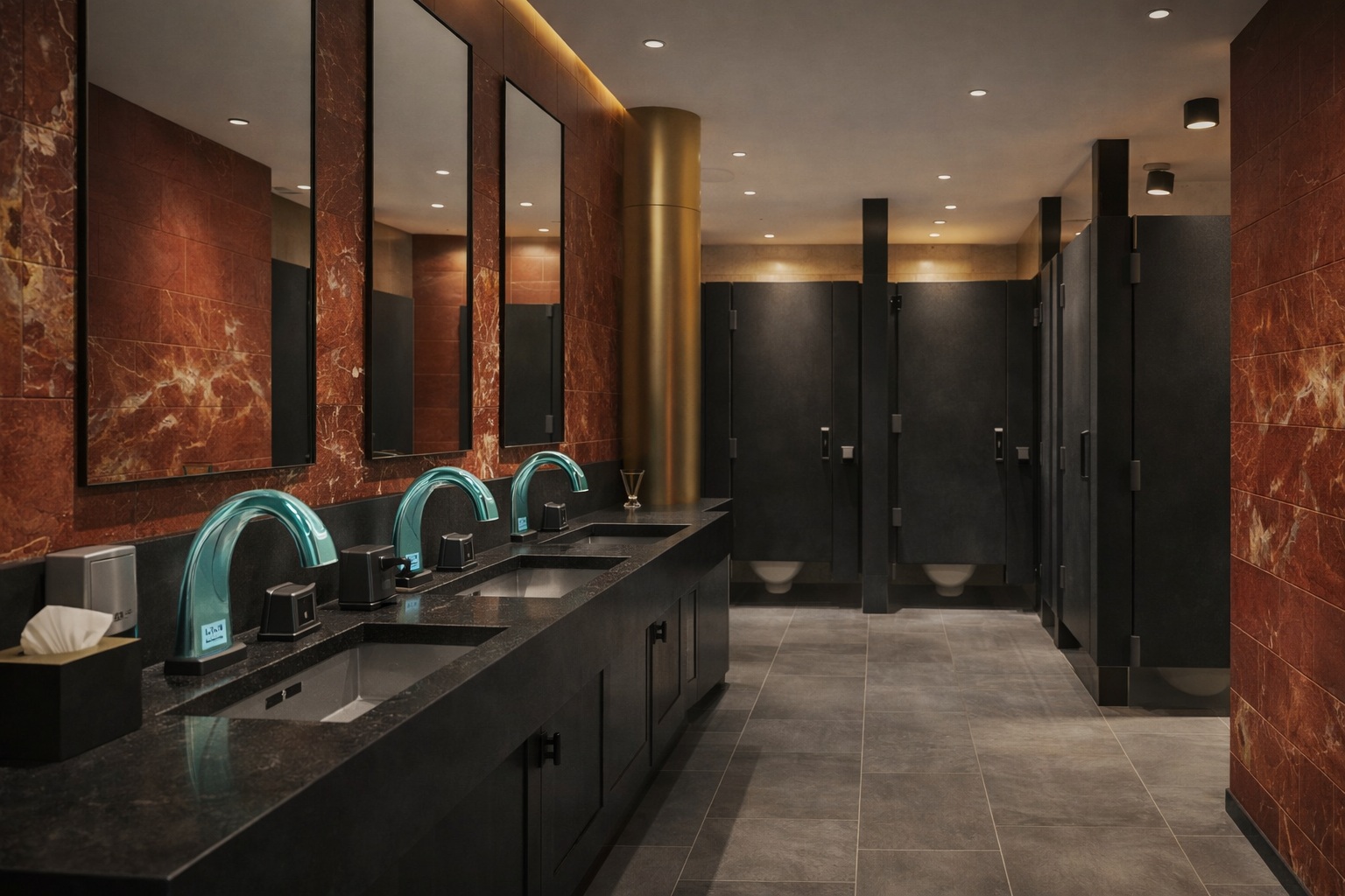High-traffic lobby restroom concept using matte black BathSelect touchless fixtures